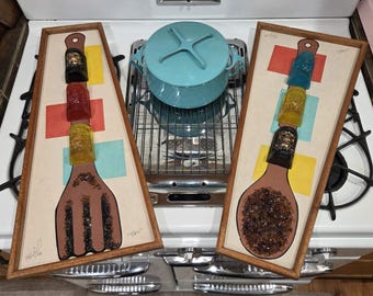 Mixed media gravel art wall decor"Fork & Spoon"