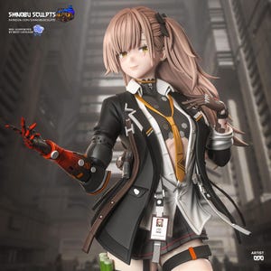 May include: A detailed anime-style figurine of a character with long light brown hair, wearing a black jacket over a white shirt with a yellow tie. The character features a mechanical red and black arm, a black skirt, and a small ID badge hanging from the waist.