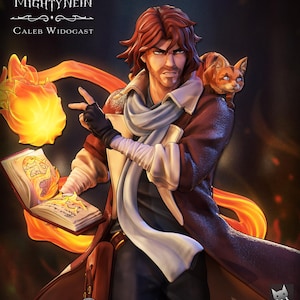May include: A detailed figurine of Caleb Widogast from The Mighty Nein, with fiery effects and a cat companion. The figure wears a brown coat, scarf, and holds a spellbook. The text "The Mighty Nein" and "Caleb Widogast" are visible.