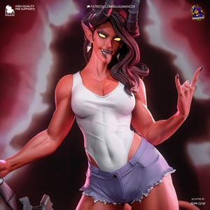May include: A red-skinned fantasy figure with horns, wearing a white tank top and denim shorts. The figure is making a rock and roll hand gesture. The image includes text that reads "HIGH-QUALITY PRE-SUPPORTS" and "PATREON.COM/BULKAMANCER".