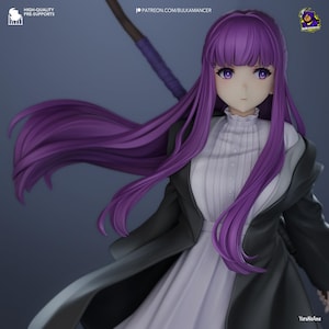 May include: A detailed figurine of a female anime character with long, flowing purple hair and purple eyes. She wears a white dress, a black coat, and holds a staff. The image includes text that reads "HIGH-QUALITY PRE-SUPPORTS" and "PATREON.COM/BULKAMANCER".