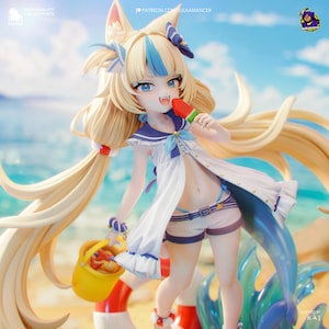 May include: A detailed figurine of a young anime-style character with blonde hair and blue highlights, wearing a sailor-themed outfit. The figure is holding a watermelon popsicle and a yellow bucket. The background suggests a beach setting.