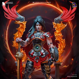 May include: A detailed fantasy figurine of a warrior with dark hair, wearing metallic silver armor with red accents. The figure holds a large sword and a circular shield, framed by two large red wings and orange flames against a dark background.