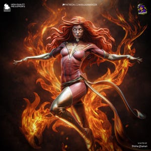 May include: A digital illustration of a female figure with fiery red hair and a red and gold costume, set against a backdrop of flames. The figure is in a dynamic pose with outstretched arms. The image includes text that reads "HIGH-QUALITY PRE-SUPPORTS" and "PATREON.COM/BULKAMANCER".