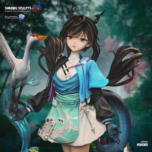 May include: A detailed anime-style figurine of a character with dark brown hair and horns, wearing a blue jacket over a teal and white outfit. A white crane stands to the left, and a long, scaled blue tail curves behind the figure. Text reads SHINOBU SCULPTS.