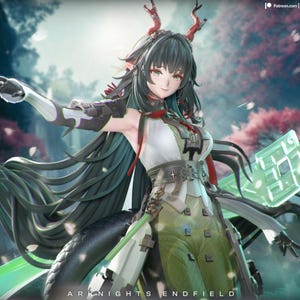 May include: A detailed anime-style figurine of a character with long dark hair, red horns, and pointed ears. The figure wears a white and green outfit with metallic accents, holding a glowing green translucent sword. Text reads Arknights Endfield.
