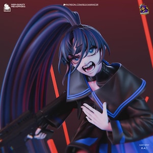 May include: A detailed figurine of an anime-style character with long, dark blue hair in a high ponytail. The character has a fierce expression, blue eyes, and is dressed in a black and blue outfit, holding a weapon. The image includes text that says "HIGH-QUALITY PRE-SUPPORTS" and "PATREON.COM/BULKAMANCER".