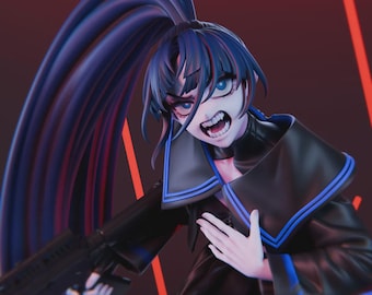 May include: A detailed figurine of an anime-style character with long, dark blue hair in a high ponytail. The character has a fierce expression, blue eyes, and is dressed in a black and blue outfit, holding a weapon. The image includes text that says "HIGH-QUALITY PRE-SUPPORTS" and "PATREON.COM/BULKAMANCER".