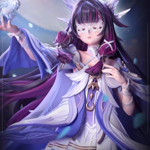 May include: A detailed figurine of Columbina, featuring a white and purple color scheme. The figure has long, dark hair with white accents, a decorative mask, and flowing robes. A white dove rests on one hand. The figure is from Neko Figurines.