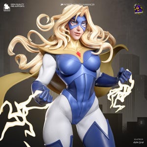 May include: A detailed figurine of a female superhero in a dynamic pose. She wears a blue and white bodysuit with a gold cape and mask. The figure holds stylized lightning bolts, with long blonde hair and a determined expression. The text "HIGH-QUALITY PRE-SUPPORTS" is visible.