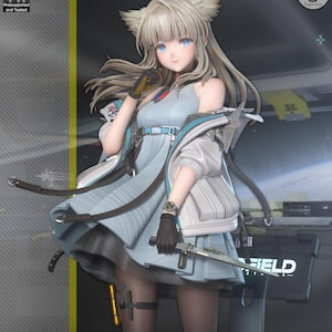 May include: A detailed figurine of a female anime character with cat ears, wearing a light blue dress and a white jacket. The figure holds a sword and has long blonde hair and blue eyes. The text "ENDFIELD" is visible on the sword.