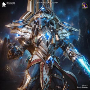 May include: A detailed figurine of a blue-skinned alien warrior in ornate silver and gold armor, with glowing blue energy effects. The figure has a helmet with glowing blue accents and is holding a weapon with a lightning effect. The figure is a collectible item.