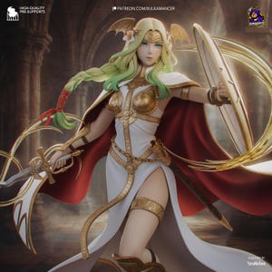 May include: A detailed figurine of a female warrior in a white and gold dress, holding a sword and shield. She has long blonde hair with green highlights and wears a red cape. The figure is adorned with intricate gold armor and accessories. The image includes text that reads "HIGH-QUALITY PRE-SUPPORTS" and "PATREON.COM/BULKAMANCER".