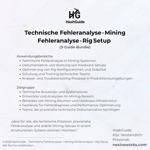 May include: A white informational document titled HashGuide Technical Error Analysis Mining Error Analysis Rig Setup 3-Guide-Bundle. It lists application areas and target groups for mining systems, hardware setups, and troubleshooting processes.