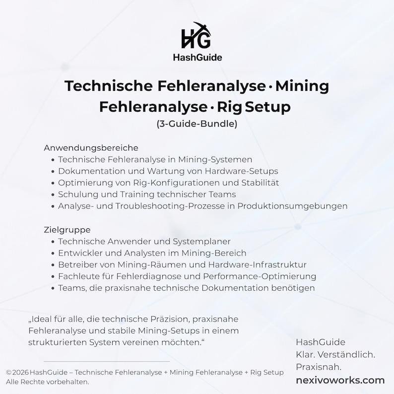 May include: A white informational document titled HashGuide Technical Error Analysis Mining Error Analysis Rig Setup 3-Guide-Bundle. It lists application areas and target groups for mining systems, hardware setups, and troubleshooting processes.