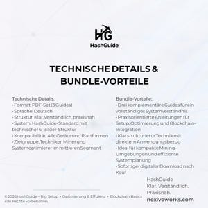 May include: A digital information sheet titled HashGuide Technische Details & Bundle-Vorteile. It outlines a PDF set of three guides in German, covering system setup, optimisation, and blockchain integration for miners and technicians.
