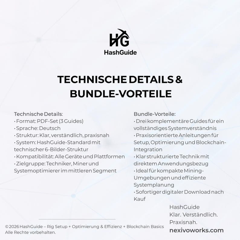 May include: A digital information sheet titled HashGuide Technische Details & Bundle-Vorteile. It outlines a PDF set of three guides in German, covering system setup, optimisation, and blockchain integration for miners and technicians.