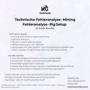 May include: A digital guide bundle titled HashGuide featuring three technical manuals for mining and rig setup. The document includes technical details, bundle benefits, and a summary in German, with the website nexivoworks.com listed at the bottom.