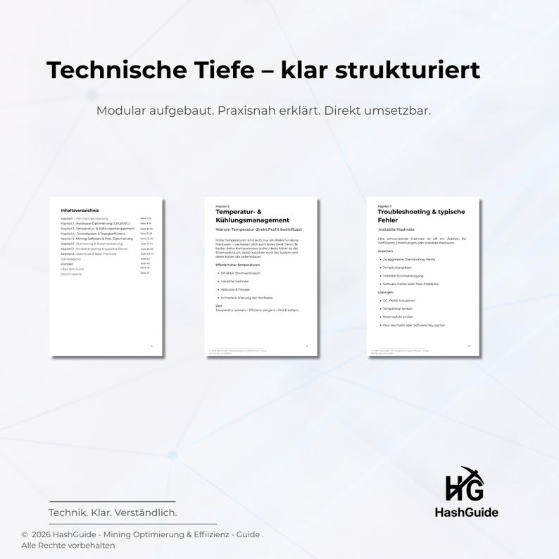 May include: Three white pages with text are displayed against a light background. The top page has a table of contents. The middle page is titled "Temperatur- & K&uuml;hlungsmanagement". The right page is titled "Troubleshooting & typische Fehler". The text "Technische Tiefe - klar strukturiert" is at the top.