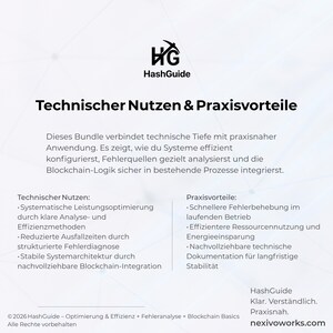 Peut inclure: Un graphique informatif blanc intitul&eacute; HashGuide avec le texte Technischer Nutzen & Praxisvorteile. Il pr&eacute;sente les avantages techniques et pratiques d'un ensemble, incluant l'optimisation des syst&egrave;mes, l'analyse des erreurs et l'int&eacute;gration blockchain.