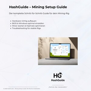 May include: A laptop displaying a guide on a light gray surface. The screen shows a webpage with diagrams and text. The image includes the text "HashGuide - Mining Setup Guide" and bullet points about hardware and troubleshooting.
