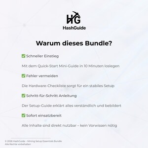 Puede incluir: Un gr&aacute;fico blanco con el logotipo de HashGuide y el texto en alem&aacute;n "Warum dieses Bundle?". El gr&aacute;fico enumera beneficios como inicio r&aacute;pido, evitar errores, instrucciones paso a paso y disponibilidad inmediata. Informaci&oacute;n de copyright en la parte inferior.
