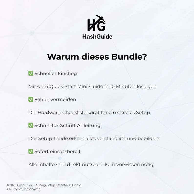 Puede incluir: Un gr&aacute;fico blanco con el logotipo de HashGuide y el texto en alem&aacute;n "Warum dieses Bundle?". El gr&aacute;fico enumera beneficios como inicio r&aacute;pido, evitar errores, instrucciones paso a paso y disponibilidad inmediata. Informaci&oacute;n de copyright en la parte inferior.