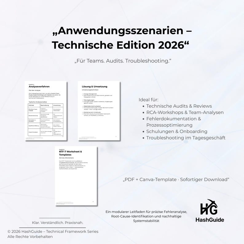 May include: White document titled "Anwendungsszenarien - Technische Edition 2026" with the text "F&uuml;r Teams. Audits. Troubleshooting." It includes sections on analysis procedures, solutions, and templates. Available as a PDF and Canva template.