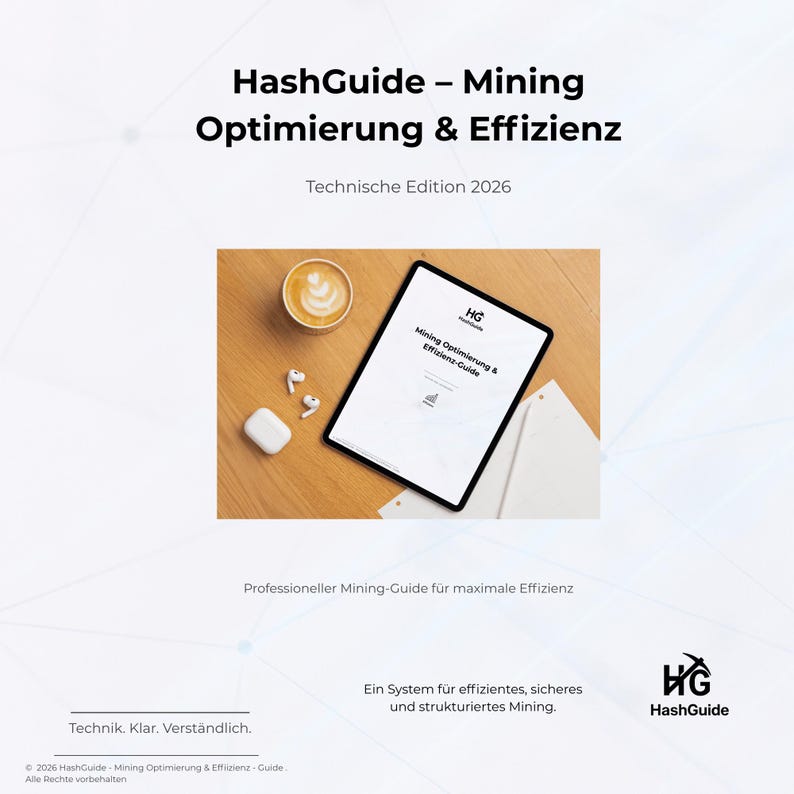 May include: A tablet displaying a document titled "Mining Optimierung & Effizienz-Guide" sits on a wooden surface, next to a cup of coffee and wireless earbuds. The text "HashGuide" is visible. The image also includes the text "Technische Edition 2026".