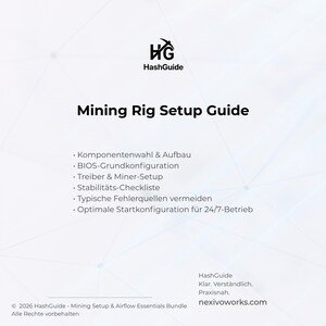 Puede incluir: Un gr&aacute;fico blanco con el logotipo de HashGuide y el t&iacute;tulo "Mining Rig Setup Guide". La gu&iacute;a enumera temas como la selecci&oacute;n de componentes, la configuraci&oacute;n de la BIOS y la configuraci&oacute;n del minero. El sitio web nexivoworks.com est&aacute; en la parte inferior.