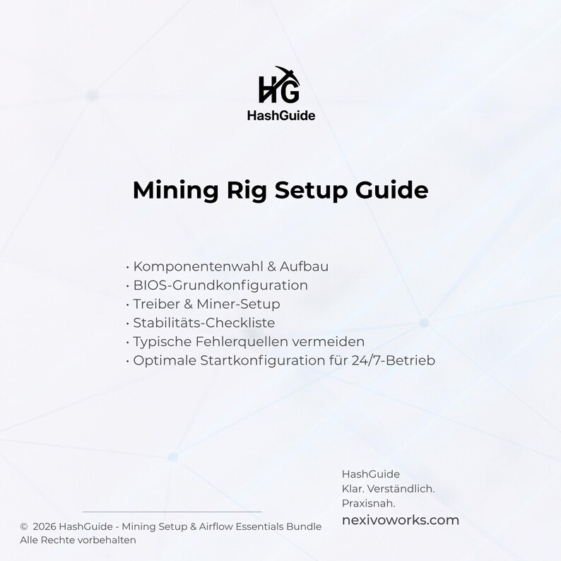 Puede incluir: Un gr&aacute;fico blanco con el logotipo de HashGuide y el t&iacute;tulo "Mining Rig Setup Guide". La gu&iacute;a enumera temas como la selecci&oacute;n de componentes, la configuraci&oacute;n de la BIOS y la configuraci&oacute;n del minero. El sitio web nexivoworks.com est&aacute; en la parte inferior.