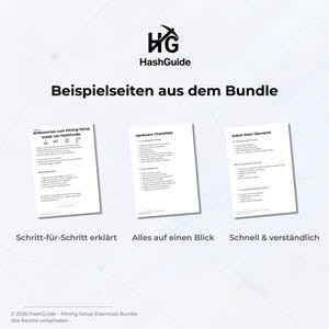 Puede incluir: Imagen con fondo blanco, el logotipo de HashGuide y el texto "Beispielseiten aus dem Bundle". Se muestran tres hojas de papel blancas, cada una con texto. La parte inferior de la imagen contiene el texto "Schritt-f&uuml;r-Schritt erkl&auml;rt", "Alles auf einen Blick" y "Schnell & verst&auml;ndlich."