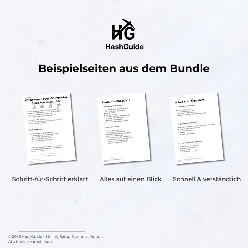 Puede incluir: Imagen con fondo blanco, el logotipo de HashGuide y el texto "Beispielseiten aus dem Bundle". Se muestran tres hojas de papel blancas, cada una con texto. La parte inferior de la imagen contiene el texto "Schritt-f&uuml;r-Schritt erkl&auml;rt", "Alles auf einen Blick" y "Schnell & verst&auml;ndlich."