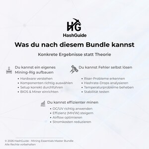 Op de afbeelding: Een afbeelding met het HashGuide-logo en Duitse tekst die de voordelen van een mining-bundel beschrijft. Het behandelt het bouwen van een mining-rig, het oplossen van problemen en het verbeteren van de mining-effici&euml;ntie. De achtergrond is wit.