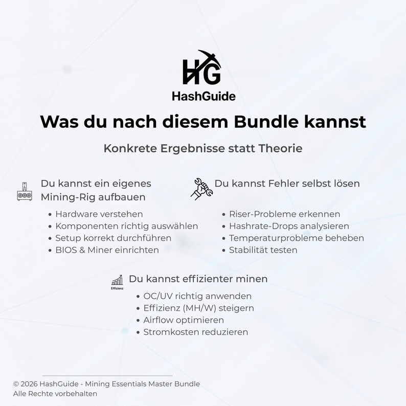 Op de afbeelding: Een afbeelding met het HashGuide-logo en Duitse tekst die de voordelen van een mining-bundel beschrijft. Het behandelt het bouwen van een mining-rig, het oplossen van problemen en het verbeteren van de mining-effici&euml;ntie. De achtergrond is wit.