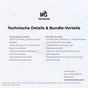 May include: A white informational graphic titled Technical Details & Bundle-Vorteile featuring the HashGuide logo. It lists three PDF guides, technical documentation structure, examples, checklists, and system compatibility, plus bundle benefits.