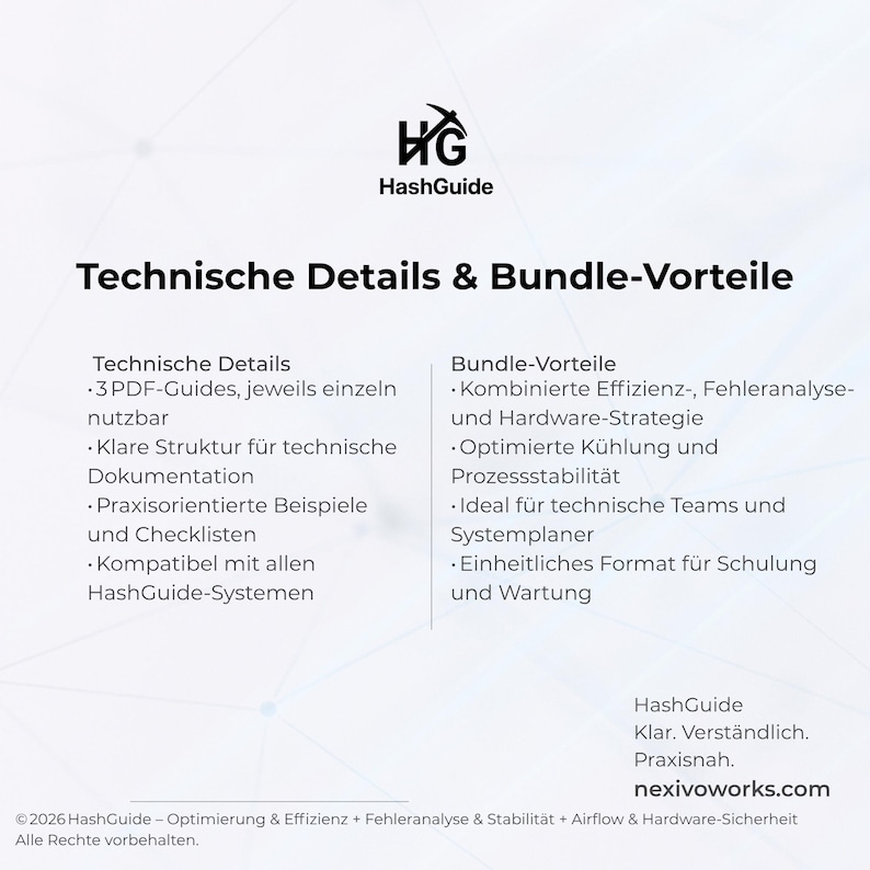 May include: A white informational graphic titled Technical Details & Bundle-Vorteile featuring the HashGuide logo. It lists three PDF guides, technical documentation structure, examples, checklists, and system compatibility, plus bundle benefits.
