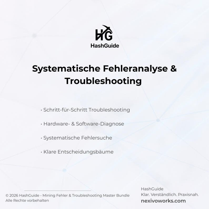 Peut inclure: Graphique blanc avec le logo HashGuide et le texte "Analyse syst&eacute;matique des erreurs et d&eacute;pannage". Des puces &eacute;num&egrave;rent les sujets, notamment le d&eacute;pannage &eacute;tape par &eacute;tape et les diagnostics mat&eacute;riels/logiciels. Le site web nexivoworks.com est &eacute;galement affich&eacute;.