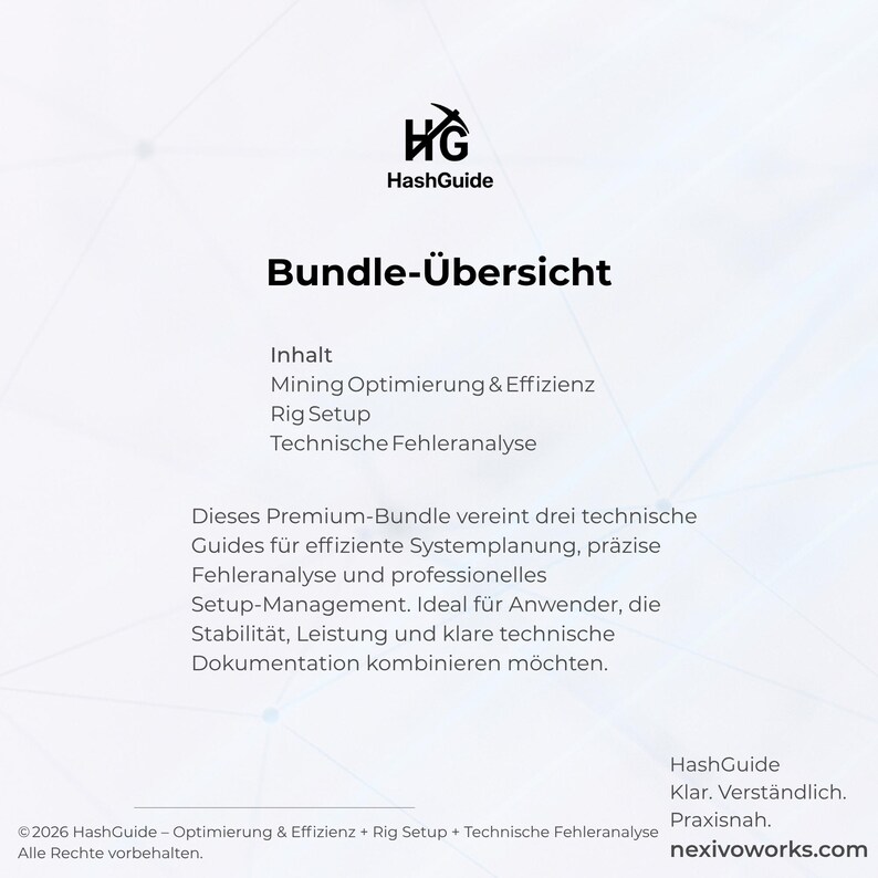 May include: A digital document titled Bundle-&Uuml;bersicht by HashGuide. It lists contents including Mining Optimierung & Effizienz, Rig Setup, and Technische Fehleranalyse. The text describes a technical guide bundle for system planning and management.