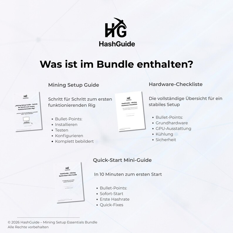 Puede incluir: Un gr&aacute;fico blanco con el logotipo de HashGuide y el texto "Was ist im Bundle enthalten?" (&iquest;Qu&eacute; se incluye en el paquete?). La imagen enumera una Gu&iacute;a de configuraci&oacute;n de miner&iacute;a, una Lista de verificaci&oacute;n de hardware y una Mini-gu&iacute;a de inicio r&aacute;pido.