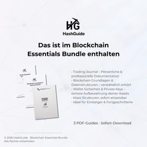 May include: A promotional image for the HashGuide Blockchain Essentials Bundle. The image features the HashGuide logo, text in German, and several white booklets. The text on the booklets includes "Trading Journal" and "Wallet-Sicherheit".