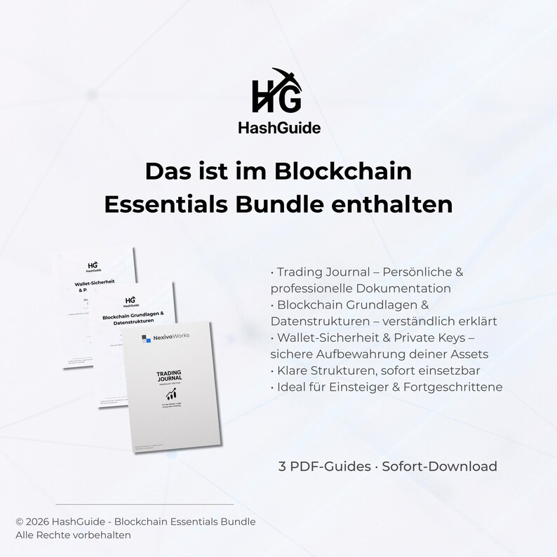 May include: A promotional image for the HashGuide Blockchain Essentials Bundle. The image features the HashGuide logo, text in German, and several white booklets. The text on the booklets includes "Trading Journal" and "Wallet-Sicherheit".