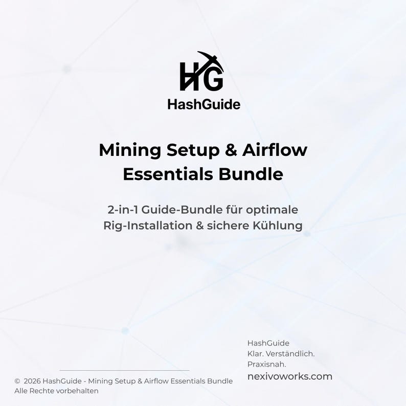 Puede incluir: Gr&aacute;fico blanco con el texto "Mining Setup & Airflow Essentials Bundle" y "2-in-1 Guide-Bundle f&uuml;r optimale Rig-Installation & sichere K&uuml;hlung". El logotipo de HashGuide est&aacute; en la parte superior.