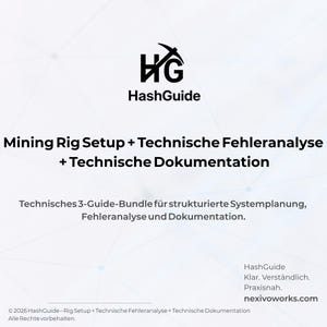 May include: A white digital document titled HashGuide featuring the text Mining Rig Setup + Technische Fehleranalyse + Technische Dokumentation, with a logo of a pickaxe over the letters HG and the website nexivoworks.com at the bottom.