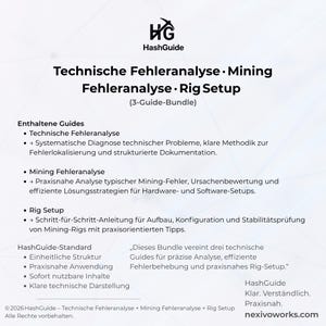May include: A digital information sheet titled HashGuide featuring a 3-guide bundle for technical error analysis, mining error analysis, and rig setup. The text outlines systematic diagnosis, hardware and software solutions, and step-by-step configuration instructions.