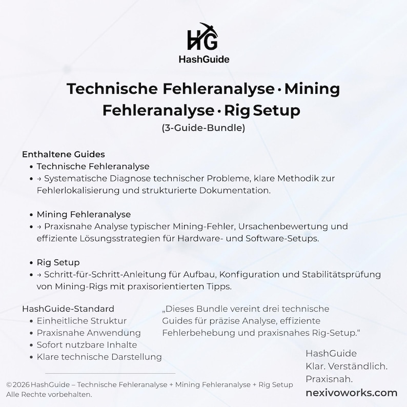 May include: A digital information sheet titled HashGuide featuring a 3-guide bundle for technical error analysis, mining error analysis, and rig setup. The text outlines systematic diagnosis, hardware and software solutions, and step-by-step configuration instructions.