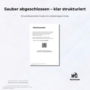 May include: A white document with German text, including "Abschlussseite" and a QR code. The HashGuide logo is visible. The image also features the text "Sauber abgeschlossen - klar strukturiert" at the top.