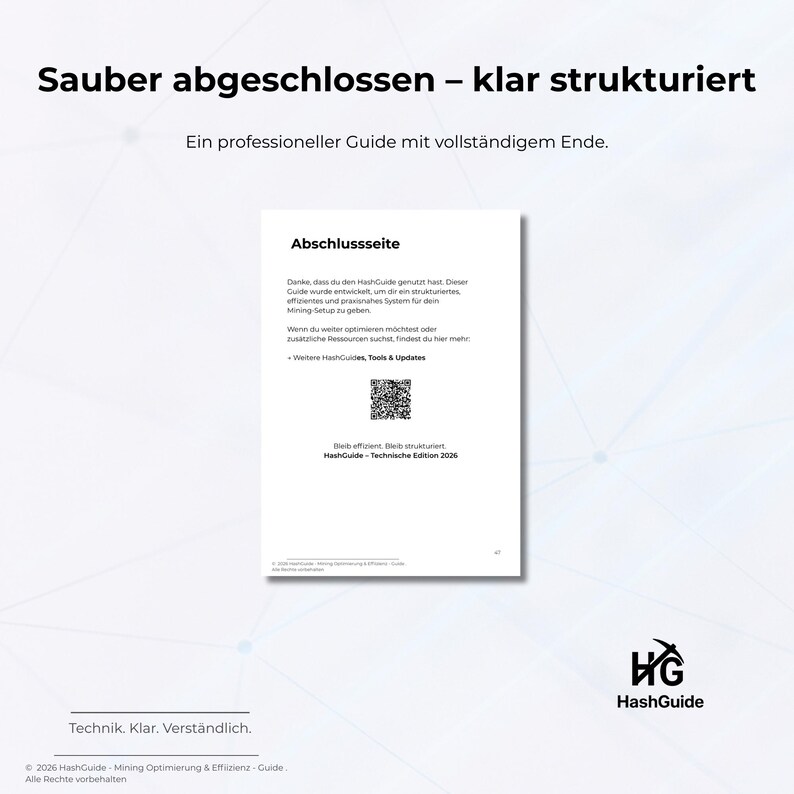 May include: A white document with German text, including "Abschlussseite" and a QR code. The HashGuide logo is visible. The image also features the text "Sauber abgeschlossen - klar strukturiert" at the top.