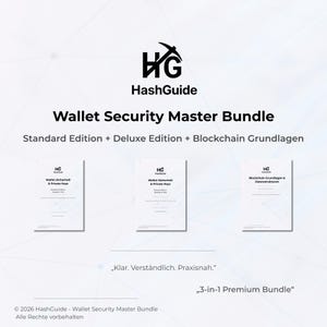 Könnte beinhalten: Werbebild für das "Wallet Security Master Bundle" von HashGuide. Das Bild zeigt das HashGuide-Logo, den Produkttitel und drei Buchcover. Der Text enthält "Standard Edition + Deluxe Edition + Blockchain Grundlagen" und "3-in-1 Premium Bundle."