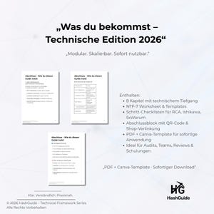 May include: A white document with the text "Was du bekommst - Technische Edition 2026" and "Modular. Scalable. Immediately usable." The document includes a list of contents and the HashGuide logo.